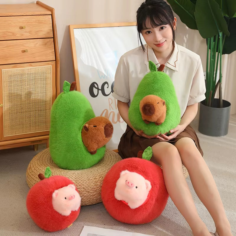 Adorable Capybara in Avocado Plushie Soft Fuzzy Plush Pig Hide in Apple Plush Capibara Toy Throw Pillow Birthday Gift Xmas