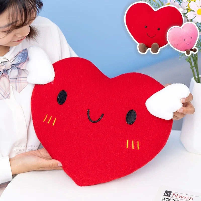 Red Love Heart Plushie Stuffed Fly Wings Plush Toy Plush Pink Heart Office Decor Cushion for Girl Nap Sleep Pillow for Her Gift