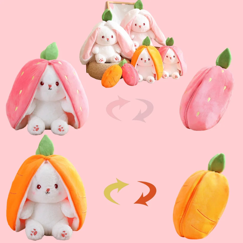 25Cm Cute Strawberry Carrot Rabbit Plush Toy Stuffed Creative into Fruit Transform Baby Cuddly Bunny Doll for Kid Birthday Gift