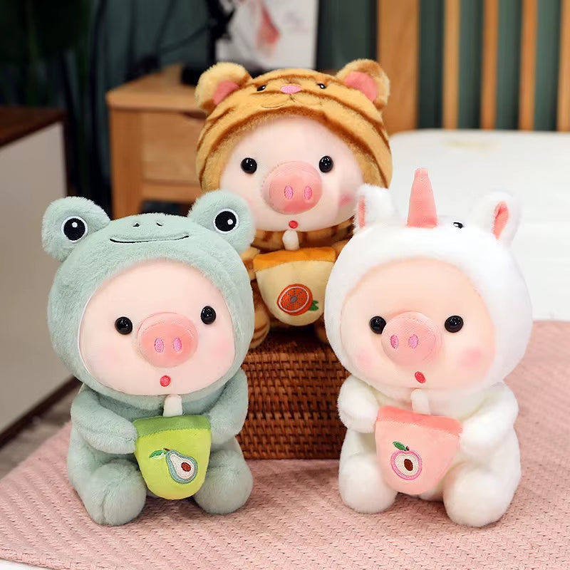 1Pc 25Cm Cosplay Unciorn Frog Tiger Bunny Boba Tea Plushie Pink Pig Plush Toy Girl Cuddly Baby Appease Doll Birthday Gift