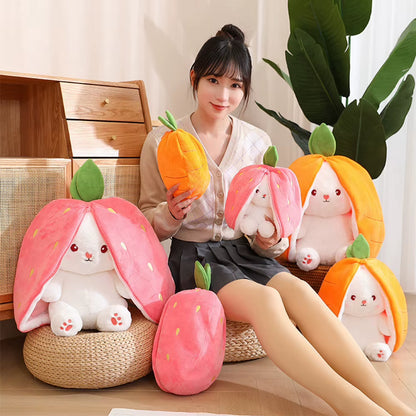 18/25/35 Cm Reversible Bunny Carrot Strawberry Toy with Zipper Carrot Rabbit Plush Toy Pillow Decor Easter Gift for Kids Adults