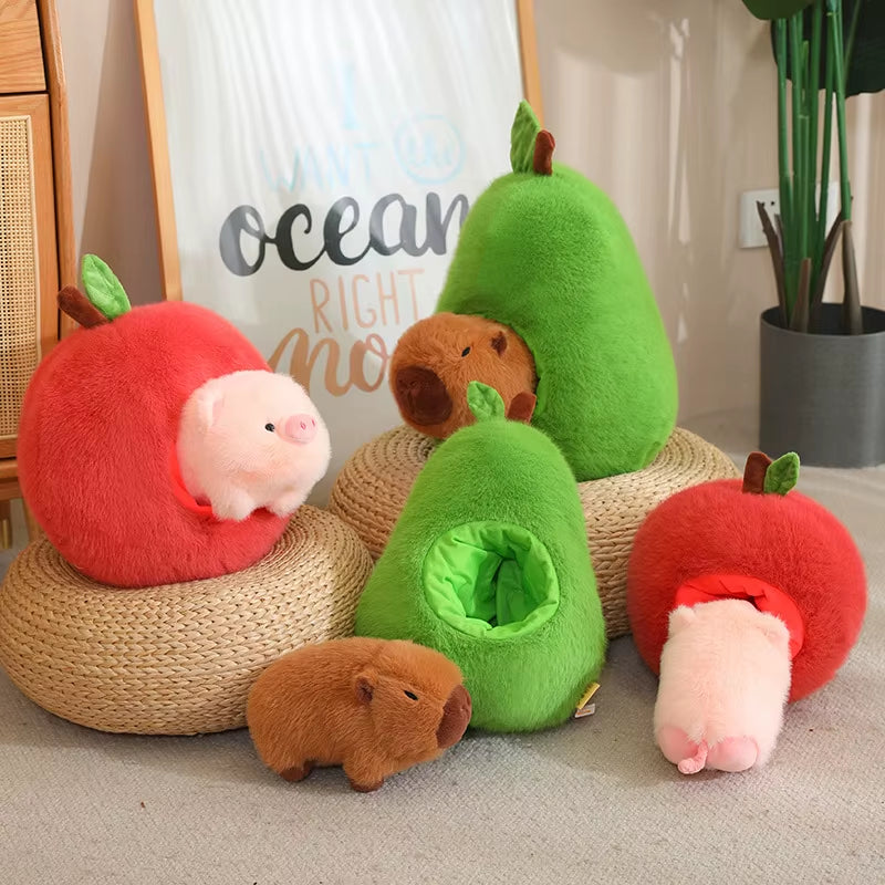 Adorable Capybara in Avocado Plushie Soft Fuzzy Plush Pig Hide in Apple Plush Capibara Toy Throw Pillow Birthday Gift Xmas