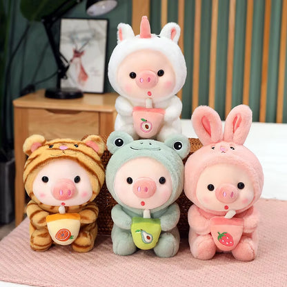 1Pc 25Cm Cosplay Unciorn Frog Tiger Bunny Boba Tea Plushie Pink Pig Plush Toy Girl Cuddly Baby Appease Doll Birthday Gift