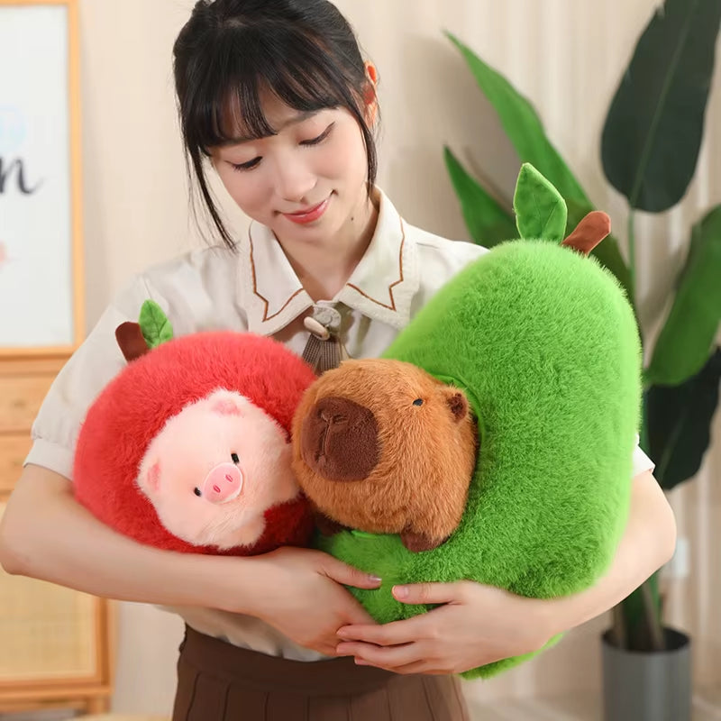 Adorable Capybara in Avocado Plushie Soft Fuzzy Plush Pig Hide in Apple Plush Capibara Toy Throw Pillow Birthday Gift Xmas