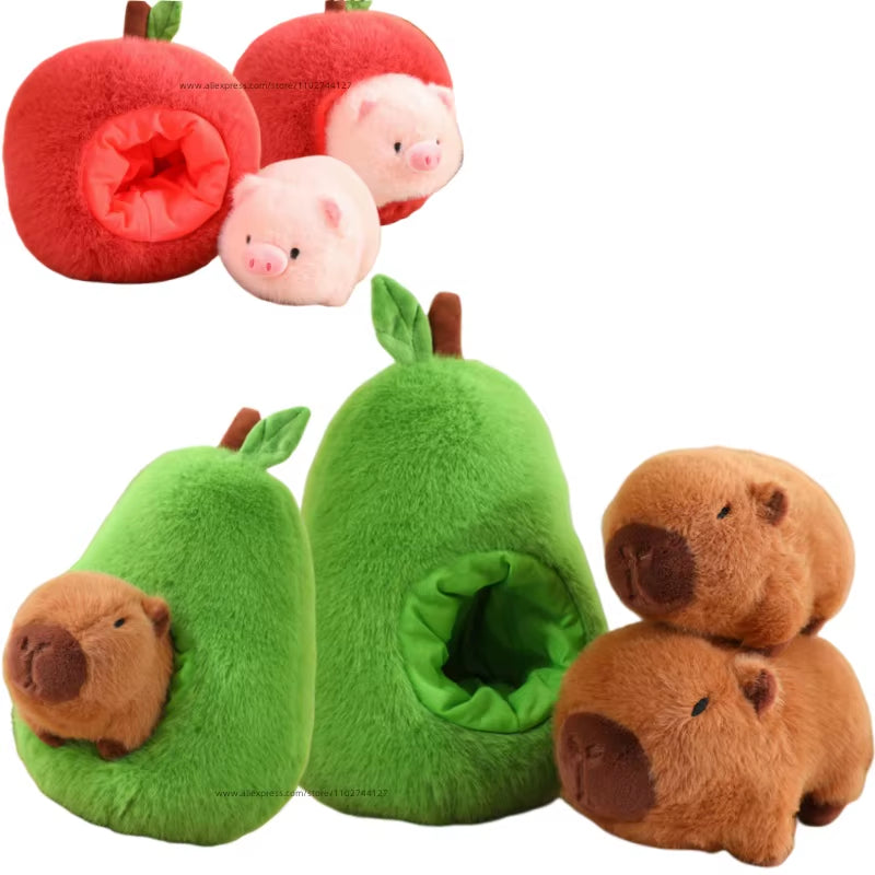 Adorable Capybara in Avocado Plushie Soft Fuzzy Plush Pig Hide in Apple Plush Capibara Toy Throw Pillow Birthday Gift Xmas