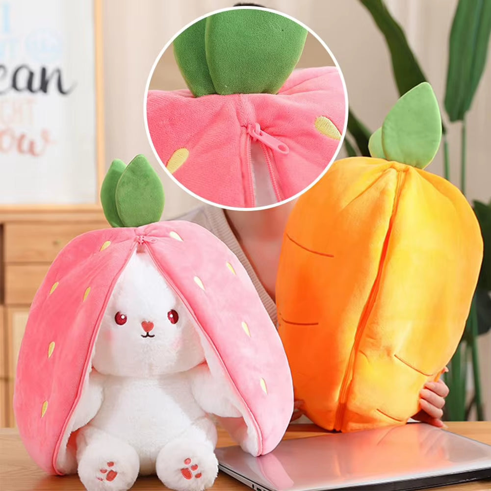 18/25/35 Cm Reversible Bunny Carrot Strawberry Toy with Zipper Carrot Rabbit Plush Toy Pillow Decor Easter Gift for Kids Adults